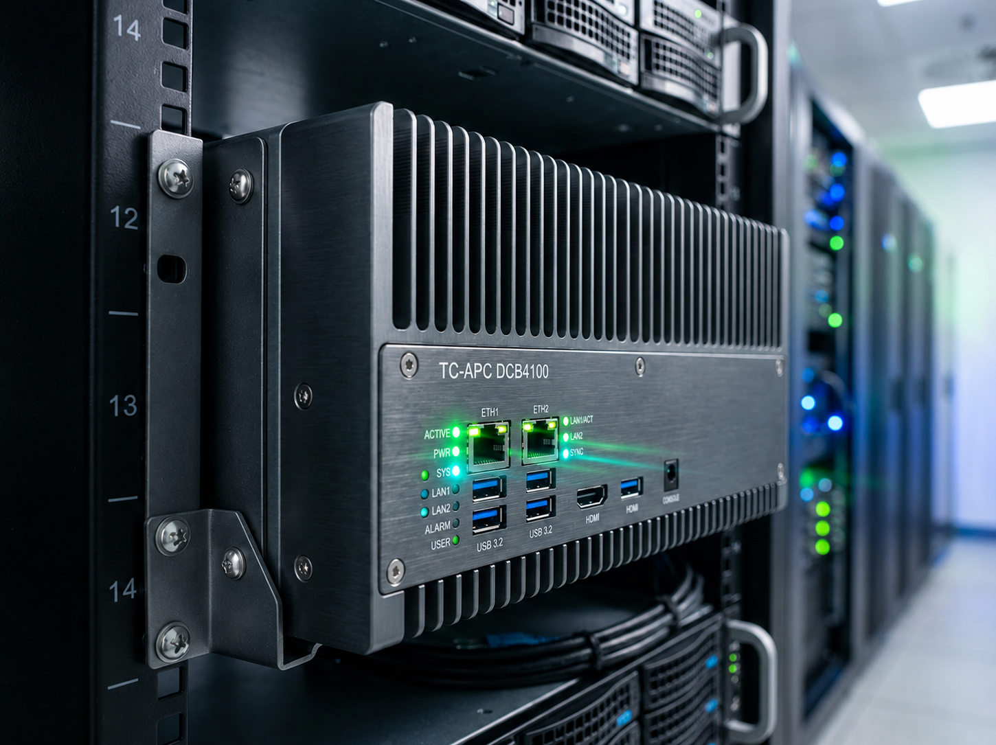 The TC-APC system, an industrial fanless unit, mounted in an
                    equipment rack.
