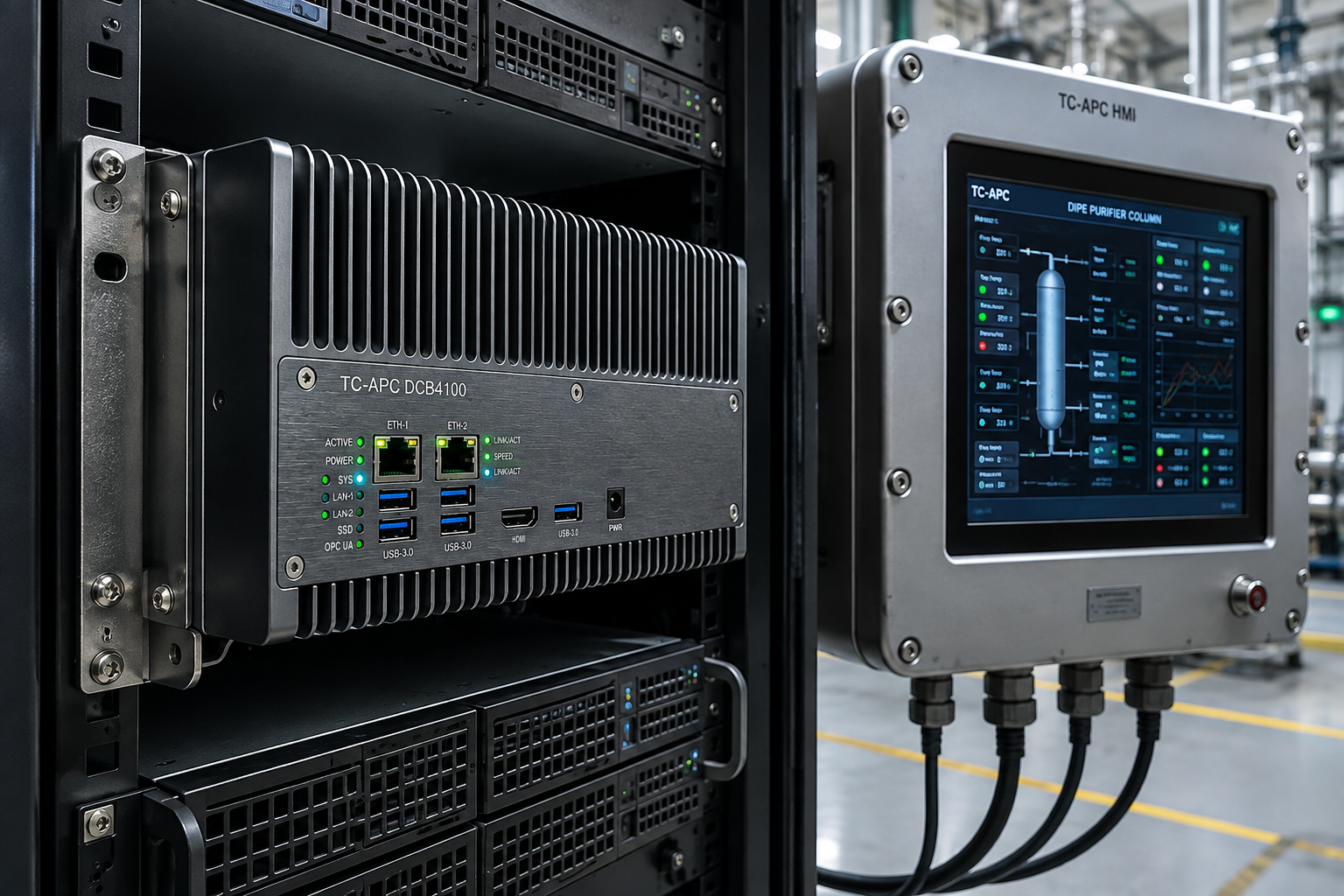 The TC-APC system mounted in a rack, alongside a field HMI panel
                    in a stainless enclosure displaying a column schematic with live readings.